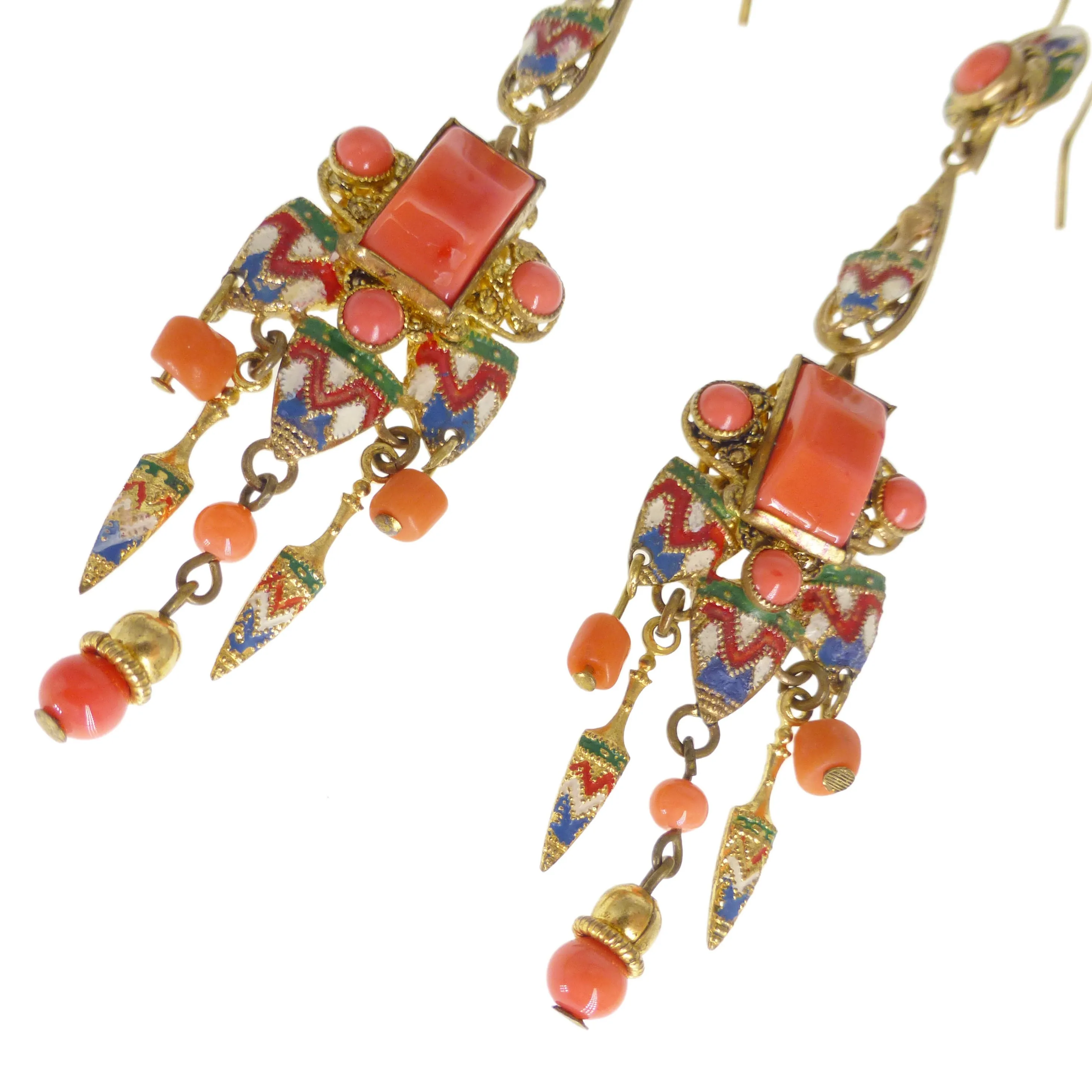 Antique Czechoslovakian Neiger Brothers Coral Glass Enamel Earrings