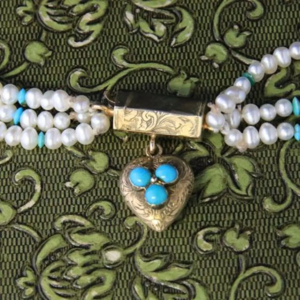 Antique Georigan Triple Pearl & Turquoise Necklace With Georgian Gold Heart Locket Clasp