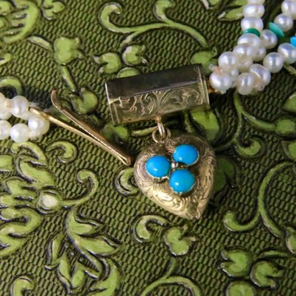 Antique Georigan Triple Pearl & Turquoise Necklace With Georgian Gold Heart Locket Clasp