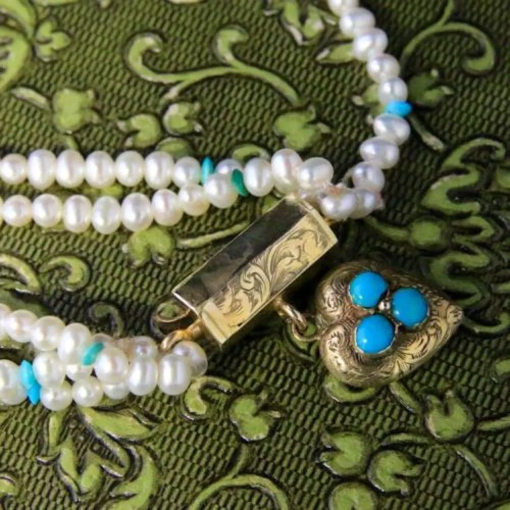 Antique Georigan Triple Pearl & Turquoise Necklace With Georgian Gold Heart Locket Clasp