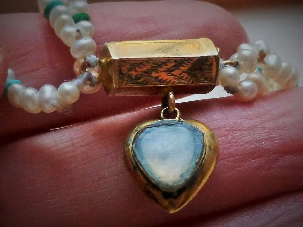 Antique Georigan Triple Pearl & Turquoise Necklace With Georgian Gold Heart Locket Clasp