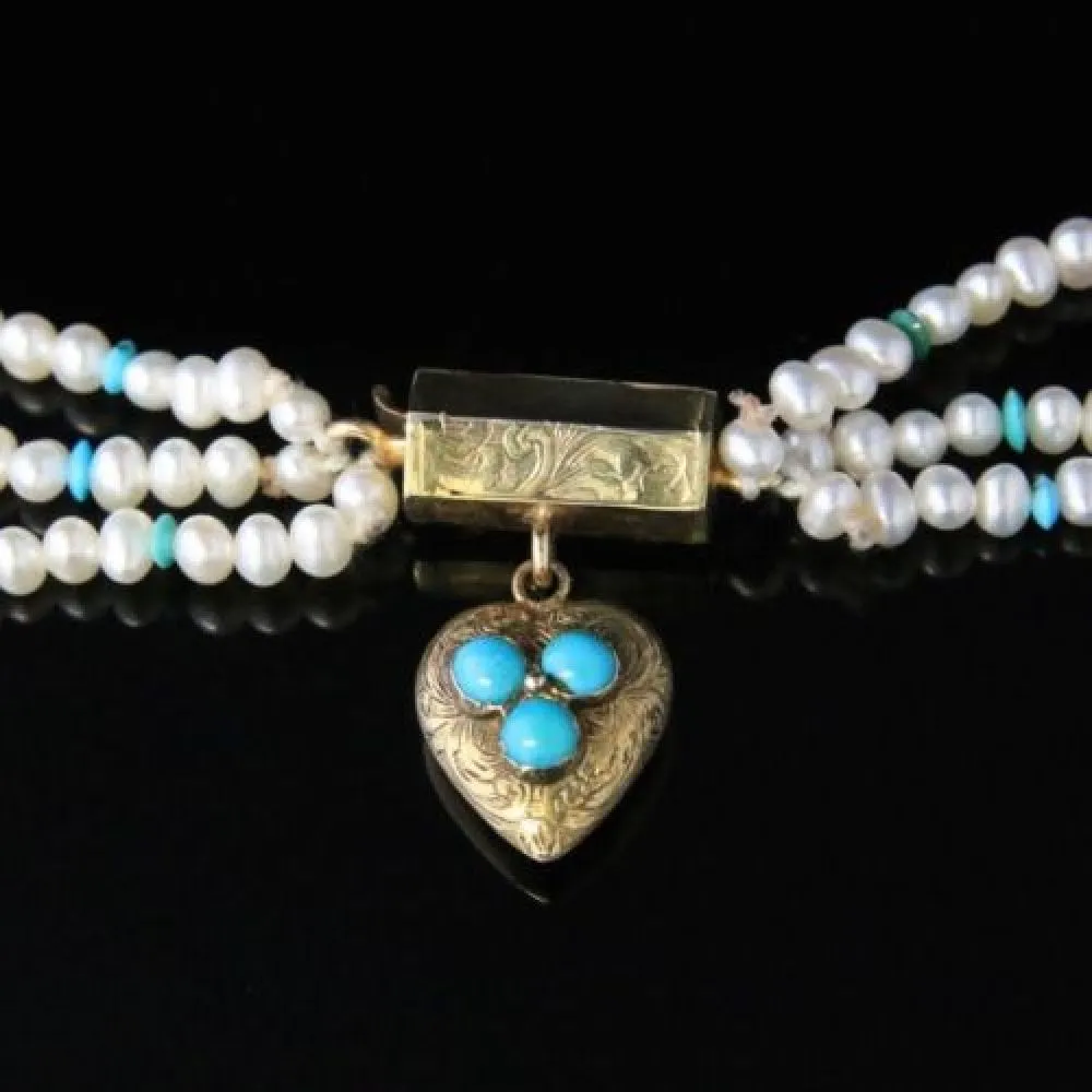 Antique Georigan Triple Pearl & Turquoise Necklace With Georgian Gold Heart Locket Clasp