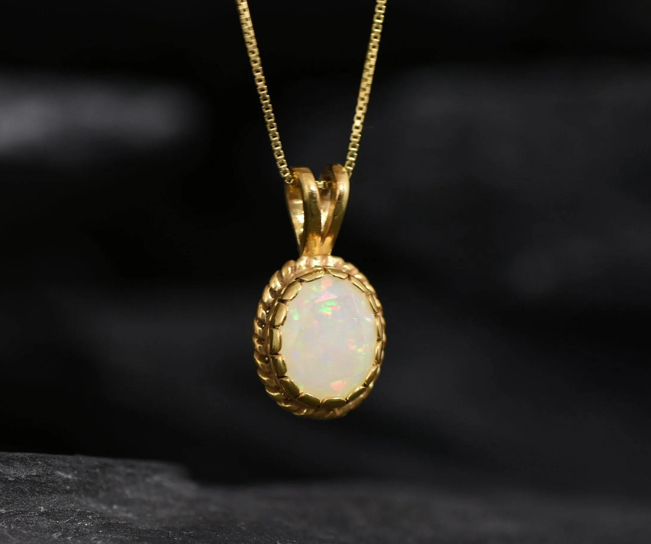 Antique Opal Pendant - Natural Fire Opal Necklace, Gold Opal Pendant