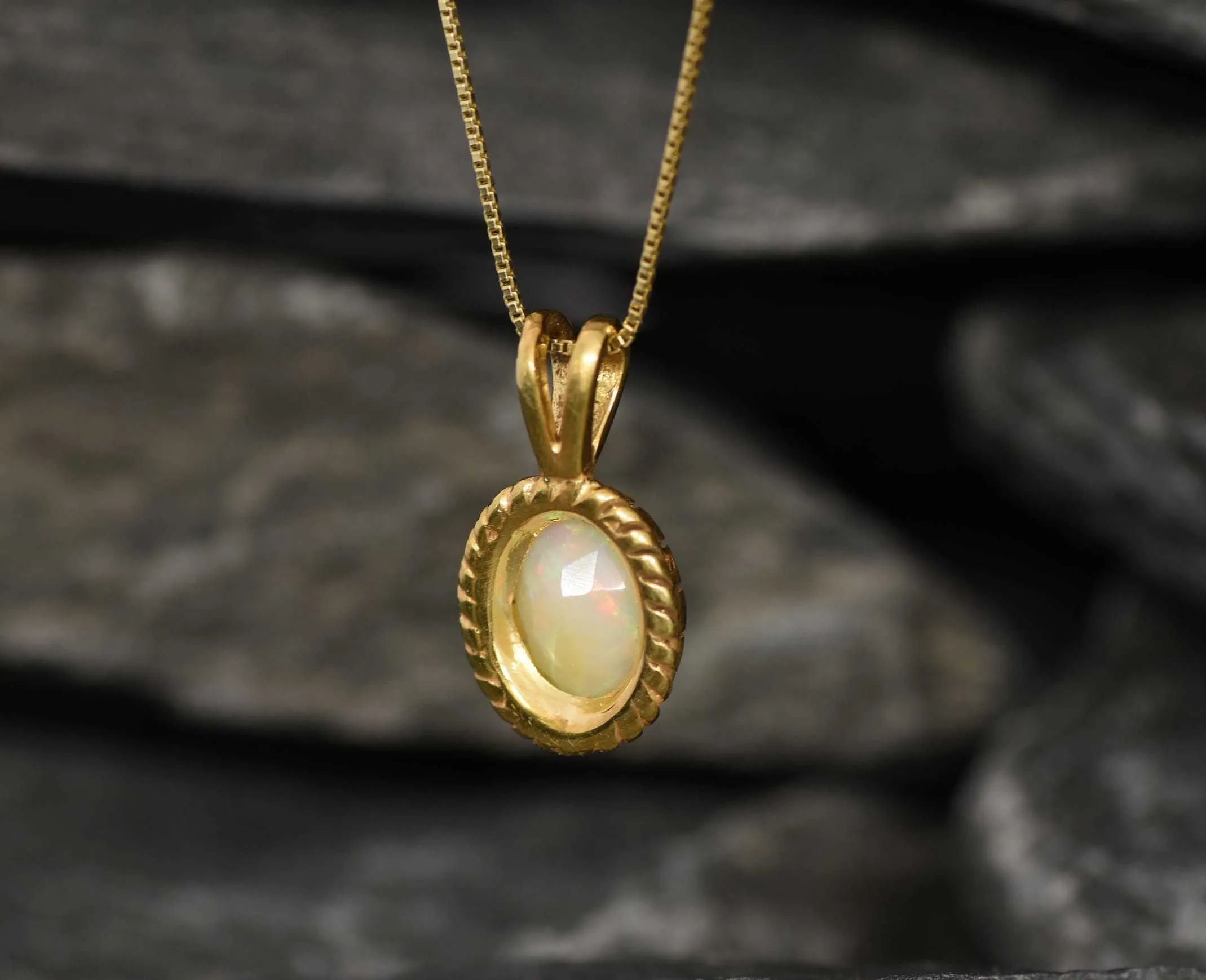 Antique Opal Pendant - Natural Fire Opal Necklace, Gold Opal Pendant