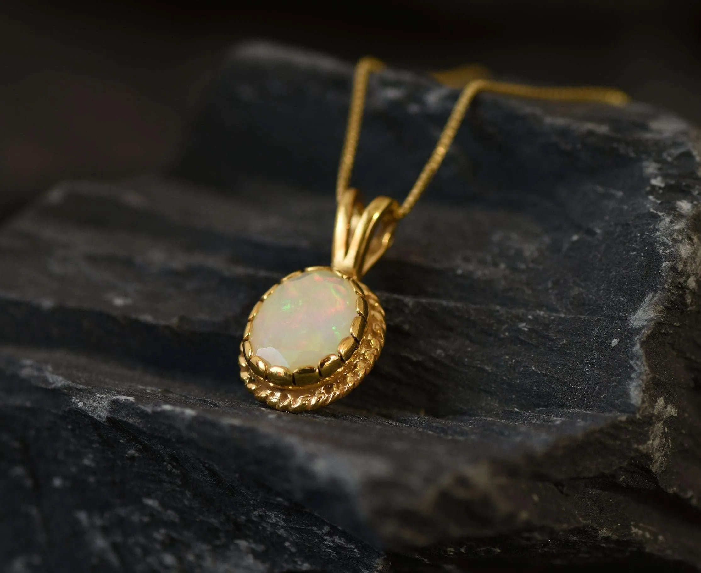 Antique Opal Pendant - Natural Fire Opal Necklace, Gold Opal Pendant