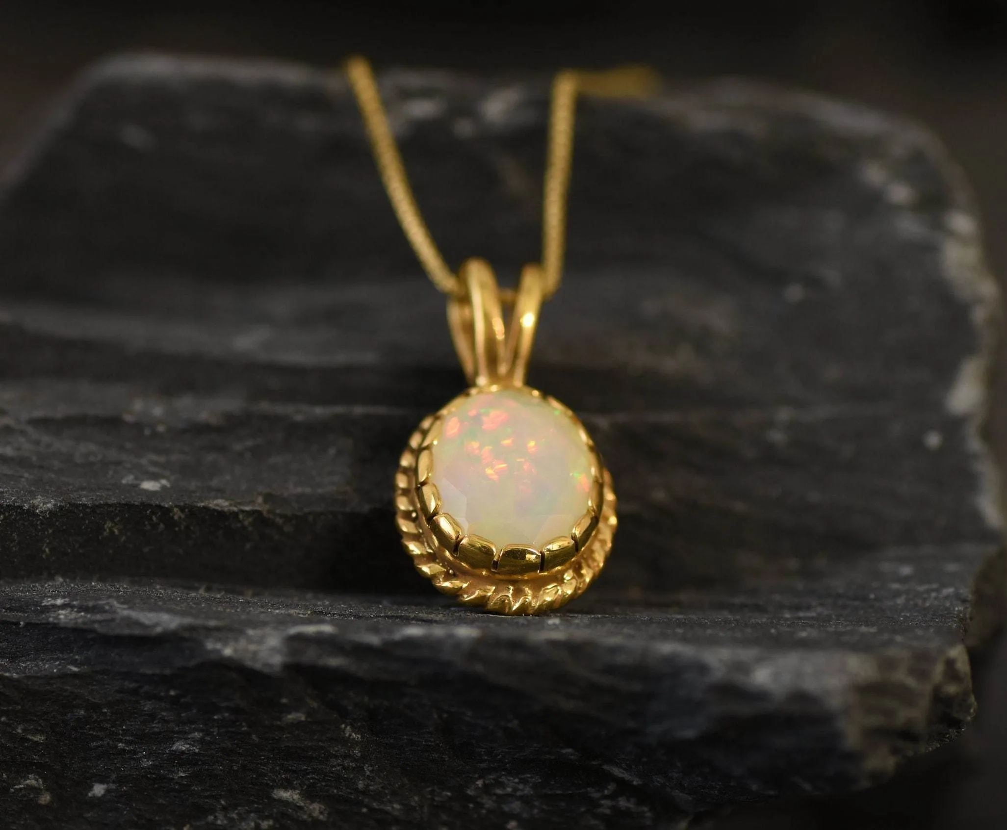 Antique Opal Pendant - Natural Fire Opal Necklace, Gold Opal Pendant