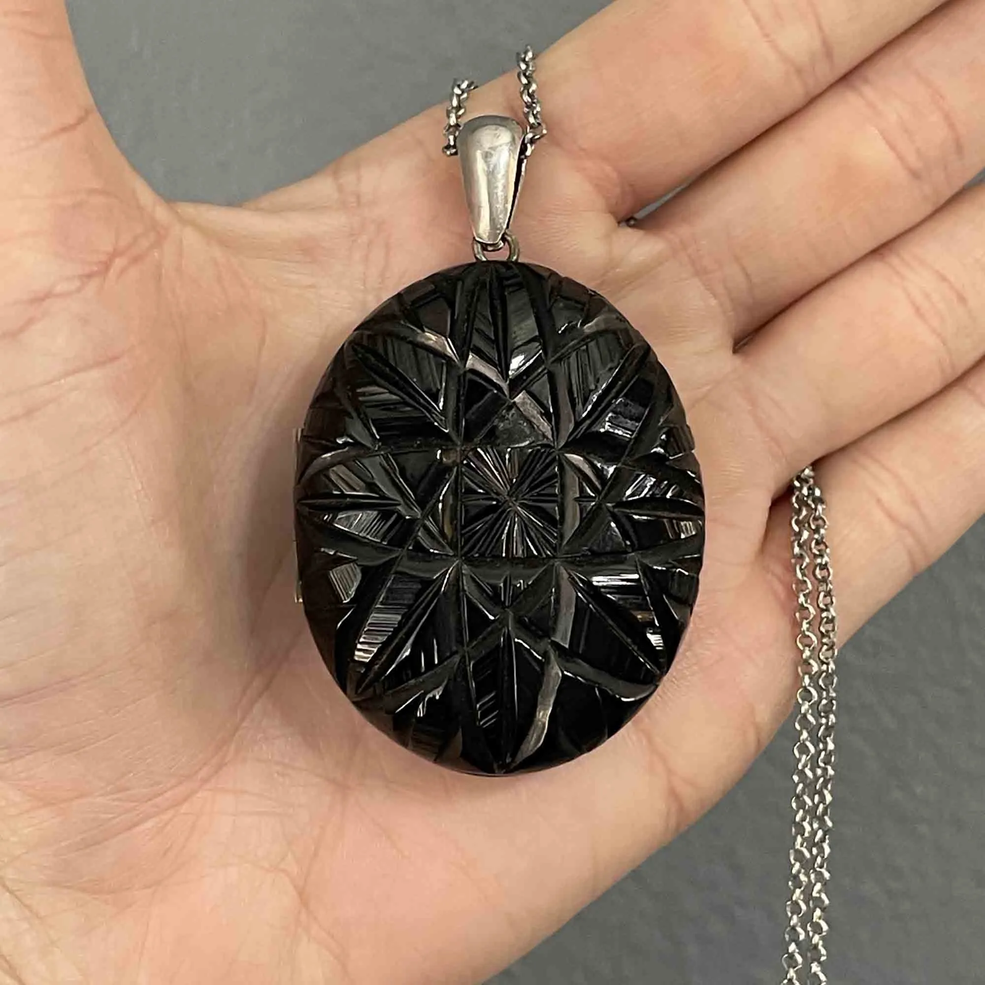 Antique Victorian Carved Whitby Jet Starburst Locket Necklace