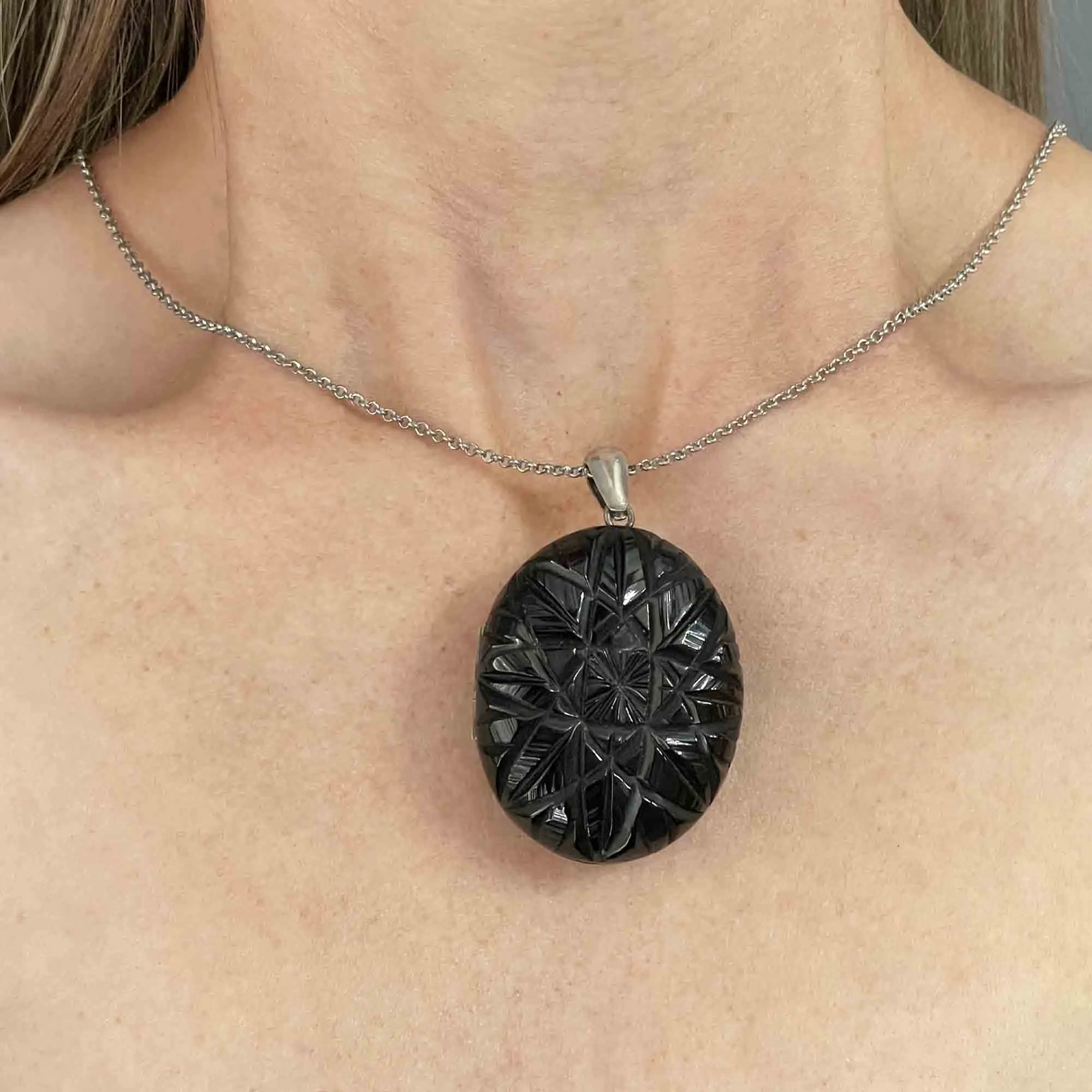 Antique Victorian Carved Whitby Jet Starburst Locket Necklace