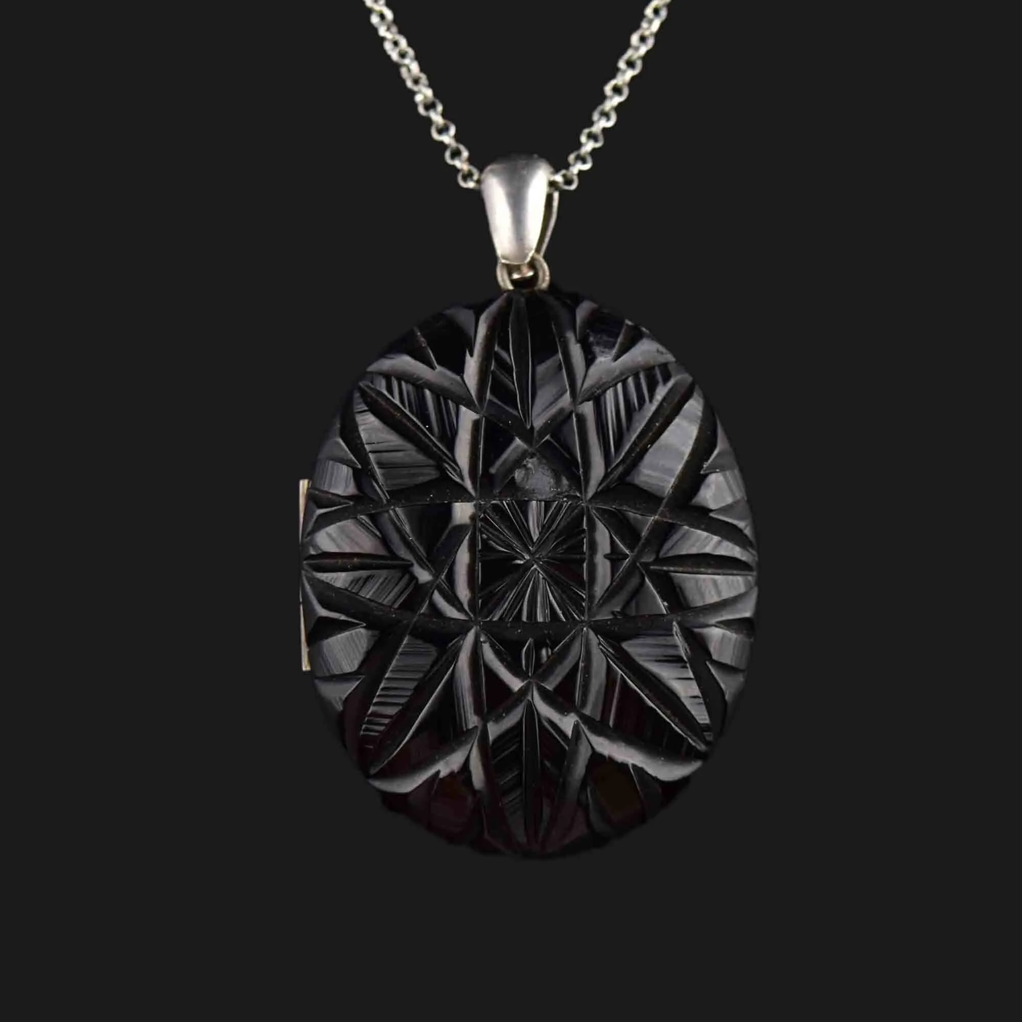 Antique Victorian Carved Whitby Jet Starburst Locket Necklace