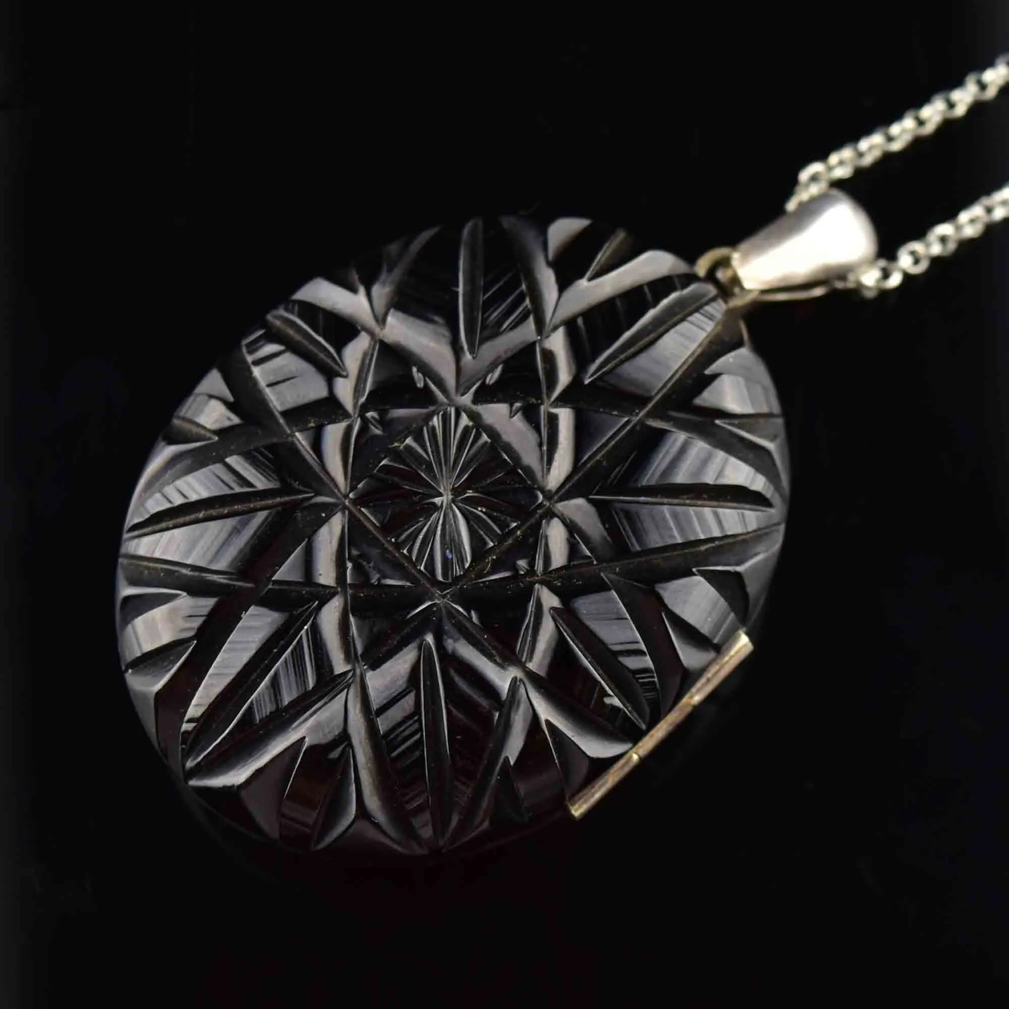 Antique Victorian Carved Whitby Jet Starburst Locket Necklace