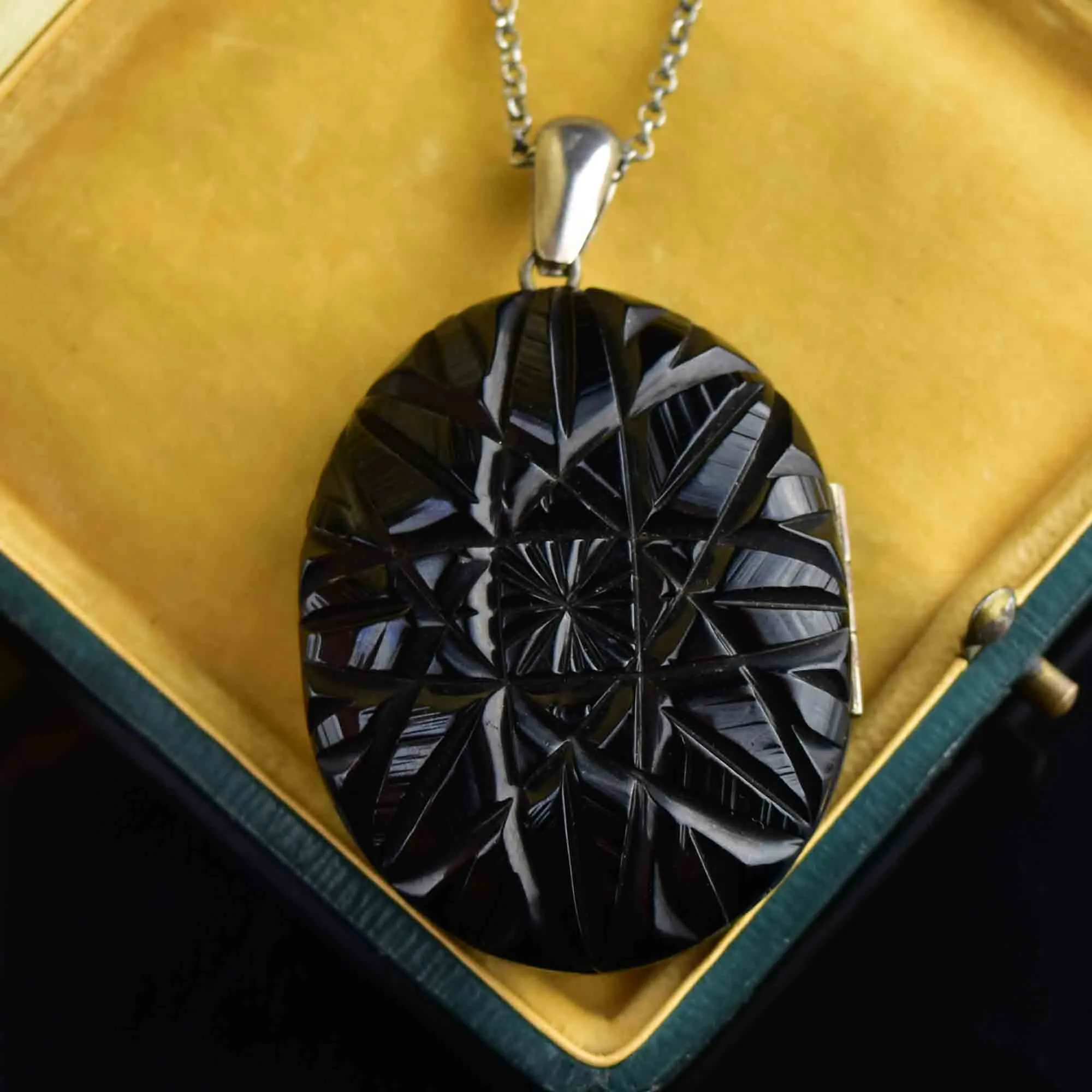 Antique Victorian Carved Whitby Jet Starburst Locket Necklace