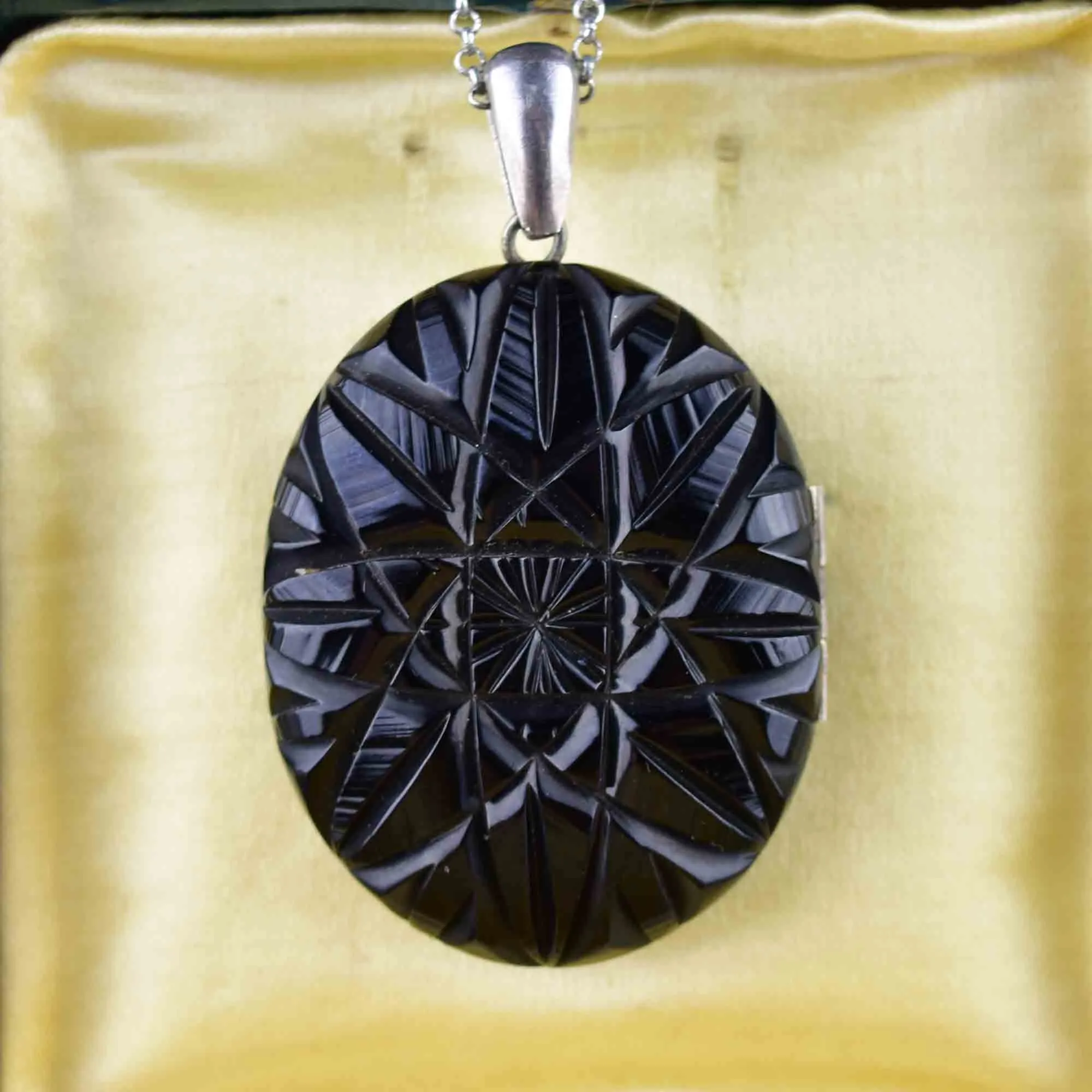 Antique Victorian Carved Whitby Jet Starburst Locket Necklace