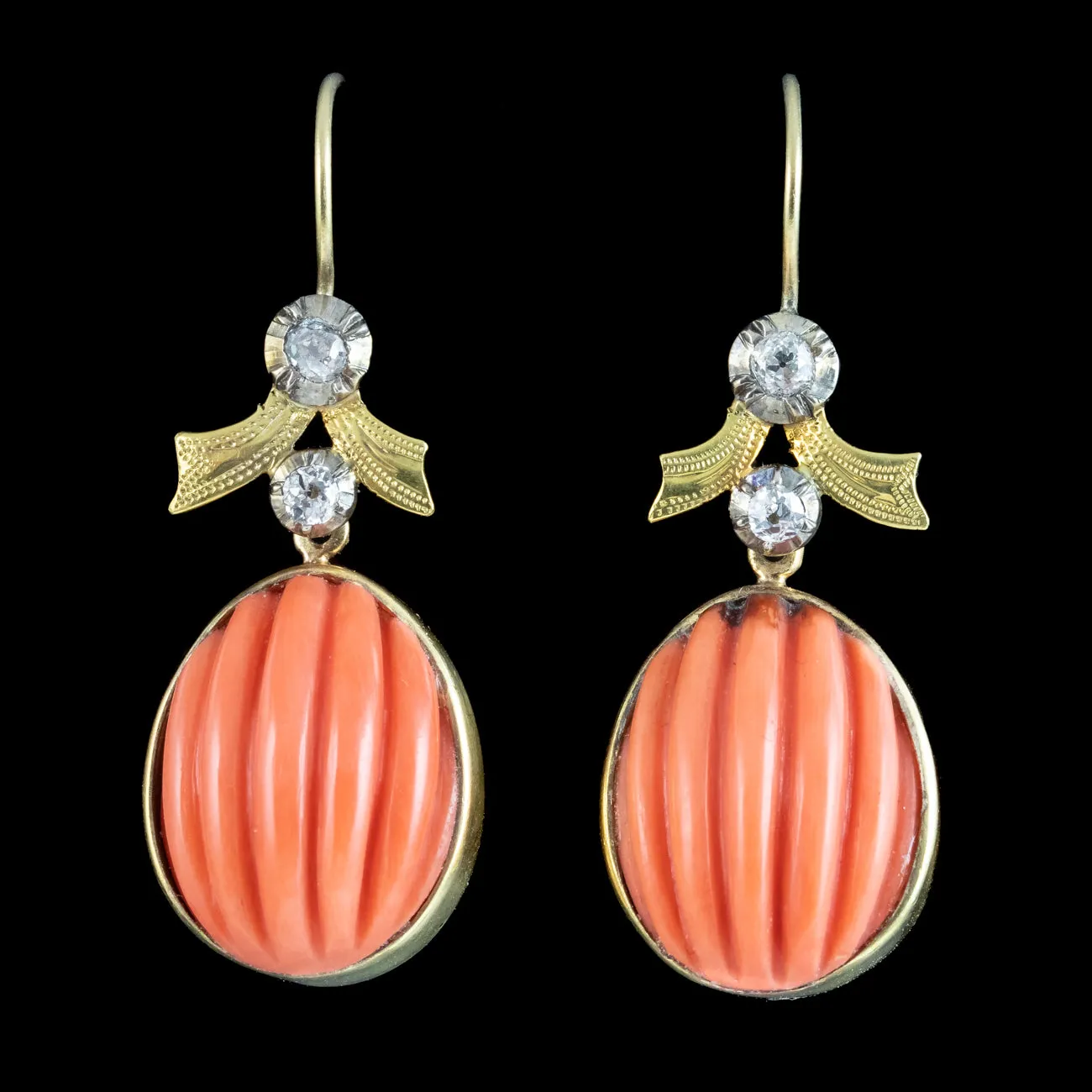 Antique Victorian Coral Diamond Drop Earrings 18ct Gold