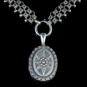 Antique Victorian Star Locket Necklace Sterling Silver Collar Dated 1882