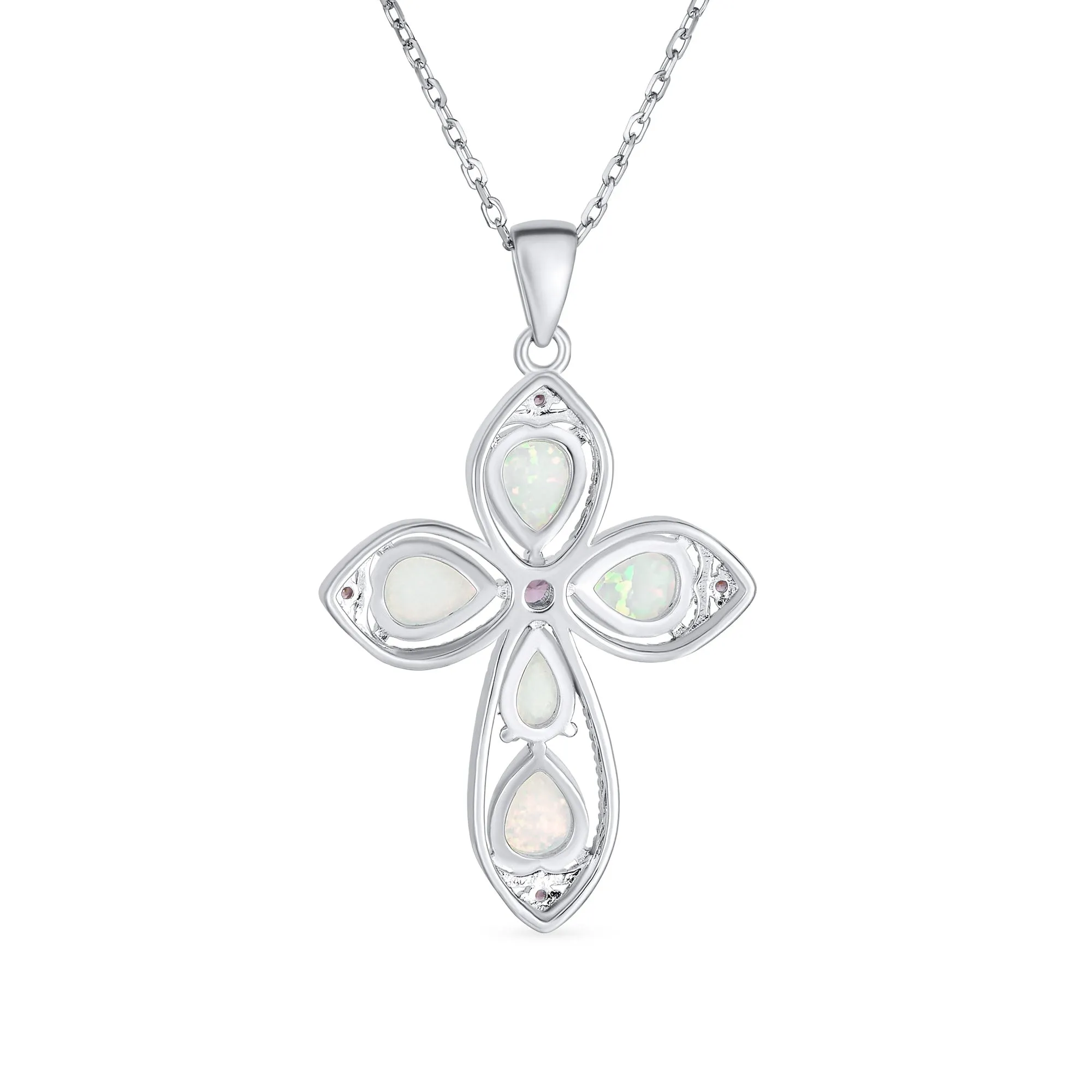 Antique Vintage Style Pink CZ Opal Cross Pendant Necklace in Sterling Silver