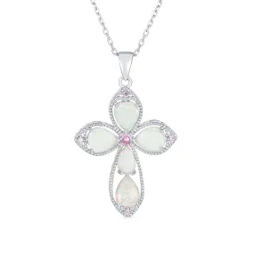 Antique Vintage Style Pink CZ Opal Cross Pendant Necklace in Sterling Silver