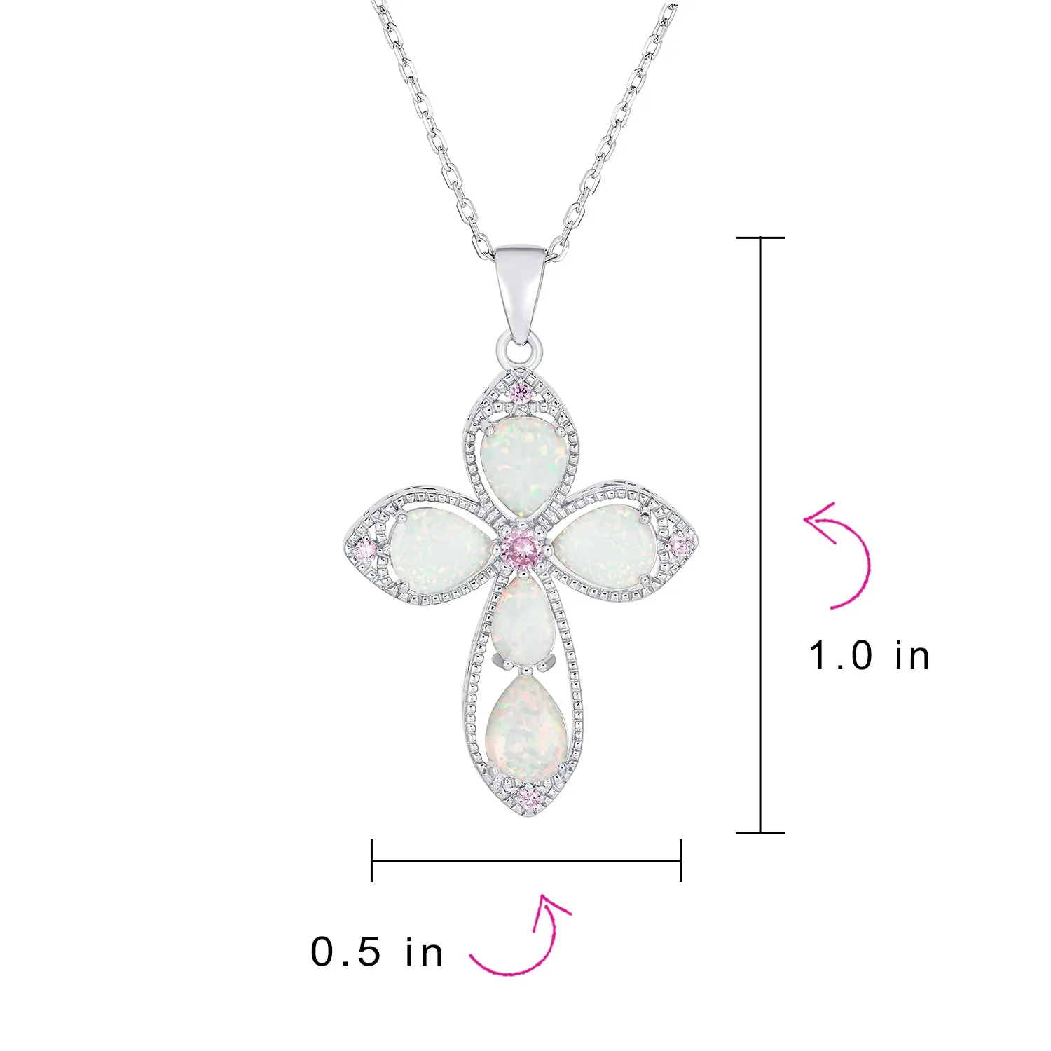 Antique Vintage Style Pink CZ Opal Cross Pendant Necklace in Sterling Silver