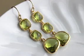 Apple Green Peridot Earrings Gold Three Tiered Jewelry - Peridot Bridesmaid Earrings - Green Wedding Earrings - Peridot Wedding Jewelry