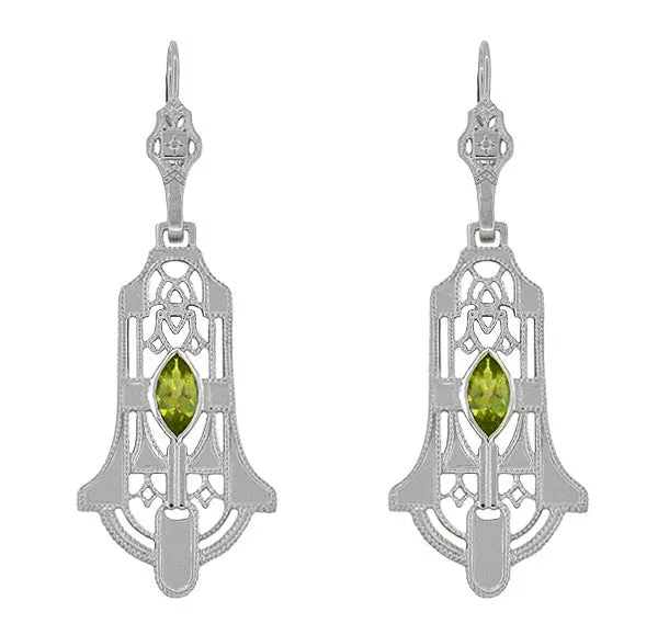 Art Deco Sterling Silver Geometric Dangling Filigree Peridot Earrings