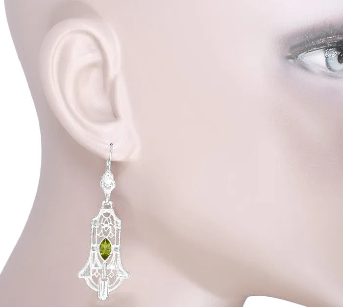 Art Deco Sterling Silver Geometric Dangling Filigree Peridot Earrings