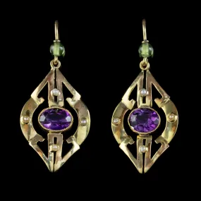 Art Deco Suffragette Amethyst Drop Earrings 9Ct Gold Circa 1920