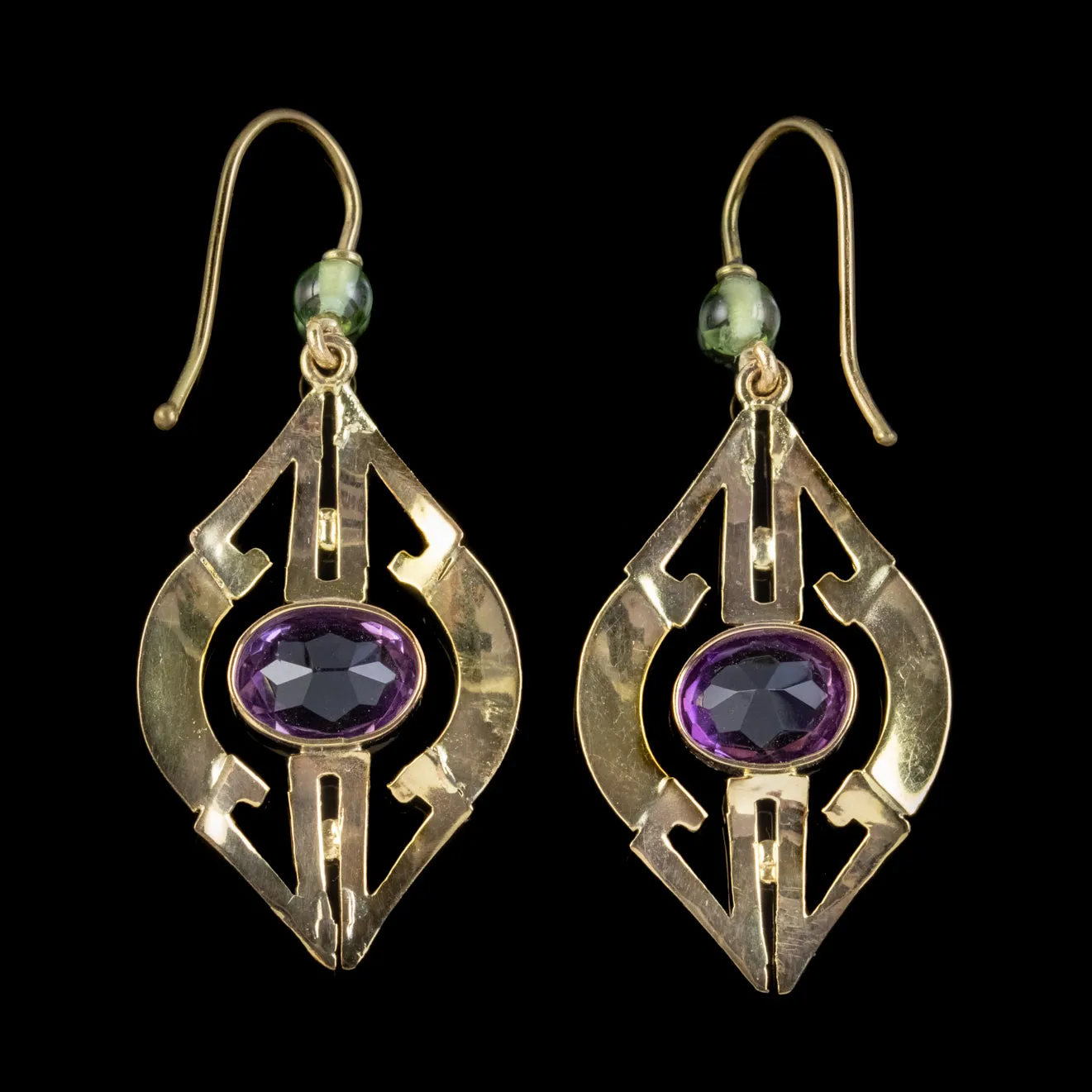 Art Deco Suffragette Amethyst Drop Earrings 9Ct Gold Circa 1920