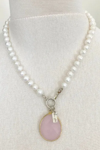 Avery Pearl Necklace | Freshwater Cultured Ring Pearls with Pink Chalcedony Pendant | By Pearly Girls