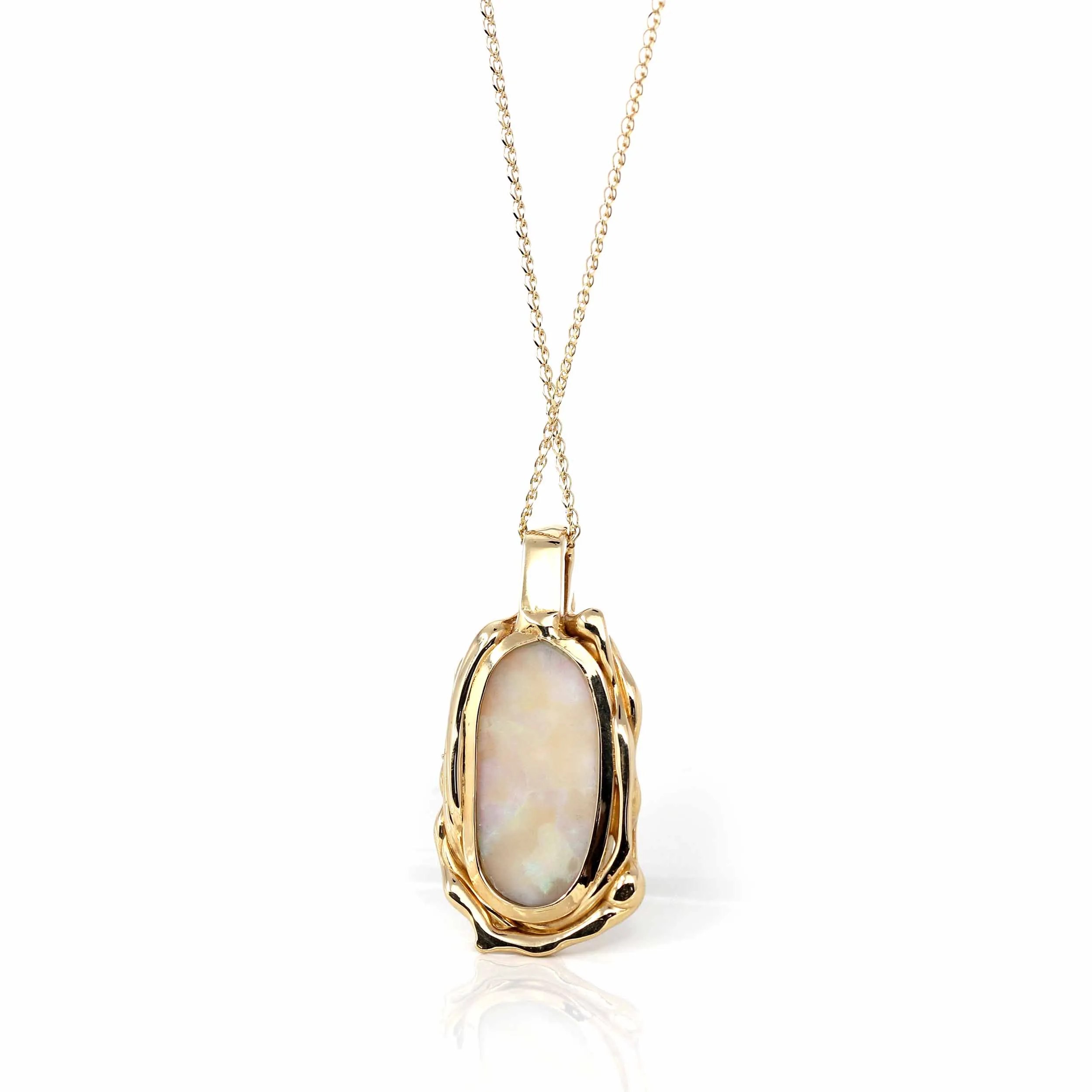 Baikalla 14k Yellow Gold Freeform Australian White Opal Bezel Set Necklace