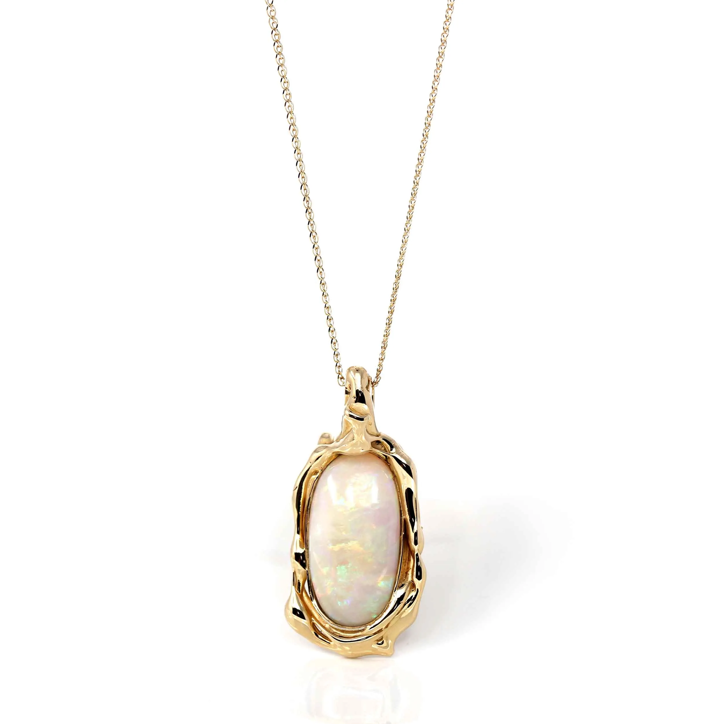 Baikalla 14k Yellow Gold Freeform Australian White Opal Bezel Set Necklace