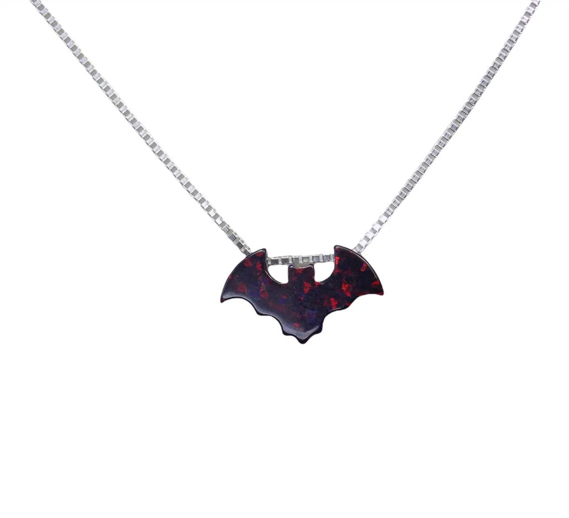 Bat Necklace, Lab Created Opal Black Bat Charm Sterling Silver Necklace