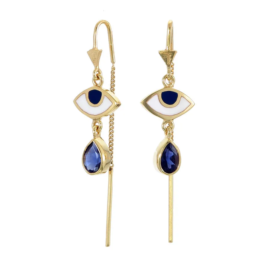 BEJEWELLED EYE PULL THROUGH EARRINGS IOLITE - GOLD