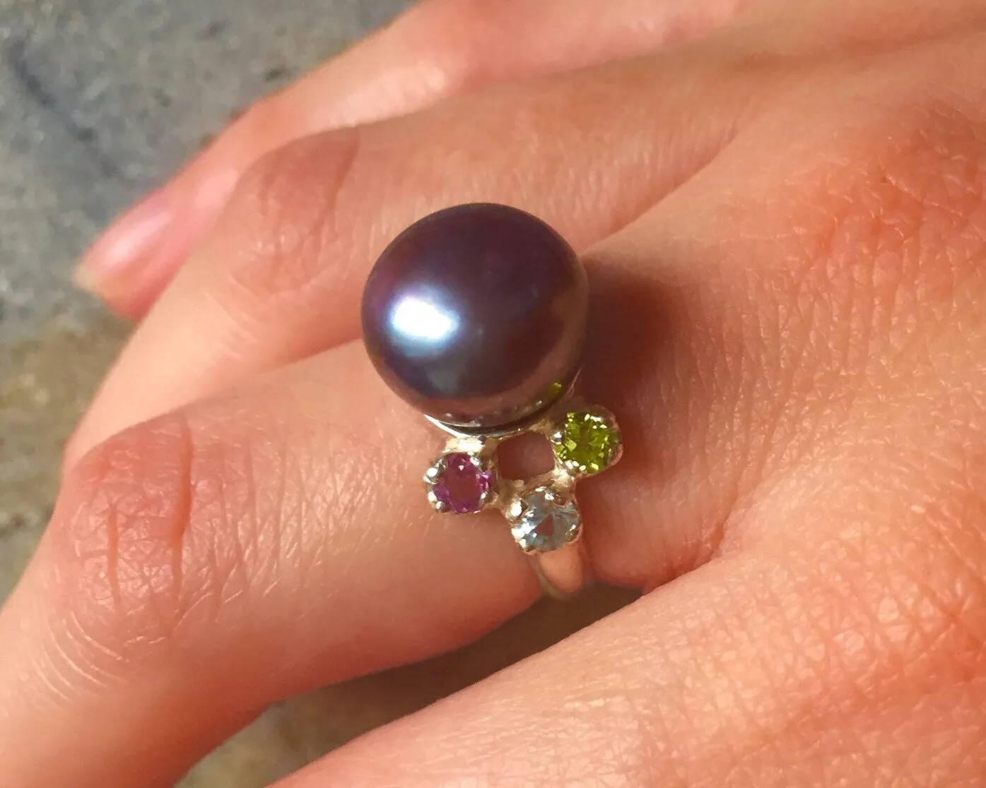 Black Pearl Ring - Natural Pearl Ring - Vintage Cocktail Ring