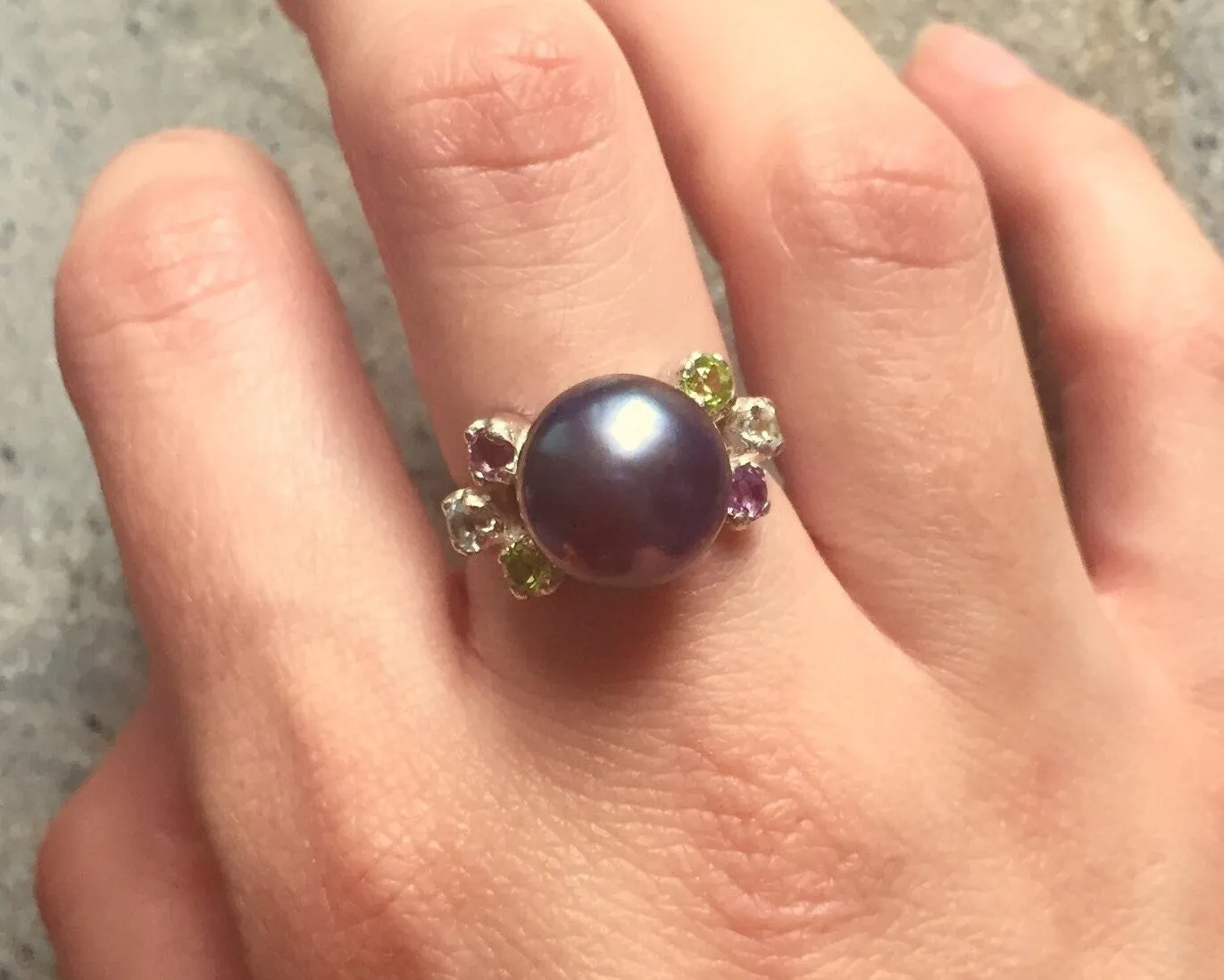 Black Pearl Ring - Natural Pearl Ring - Vintage Cocktail Ring