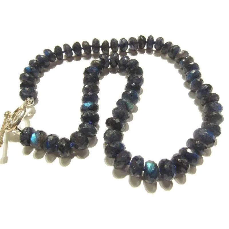 Blue Faceted Labradorite Rondelle Knotted Necklace with Sterling Silver Toggle Clasp