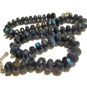 Blue Faceted Labradorite Rondelle Knotted Necklace with Sterling Silver Toggle Clasp