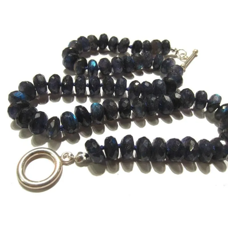 Blue Faceted Labradorite Rondelle Knotted Necklace with Sterling Silver Toggle Clasp