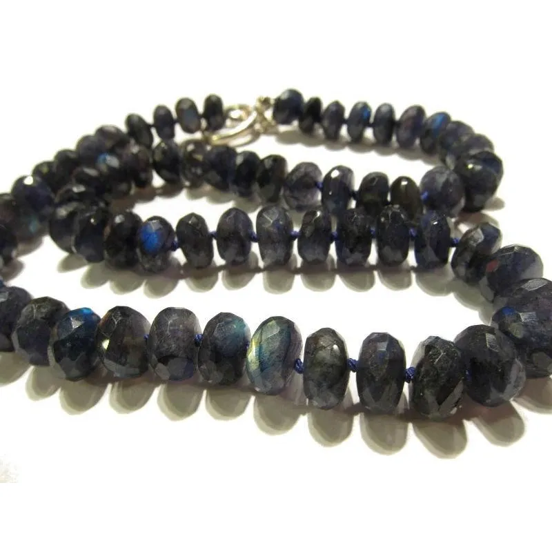 Blue Faceted Labradorite Rondelle Knotted Necklace with Sterling Silver Toggle Clasp