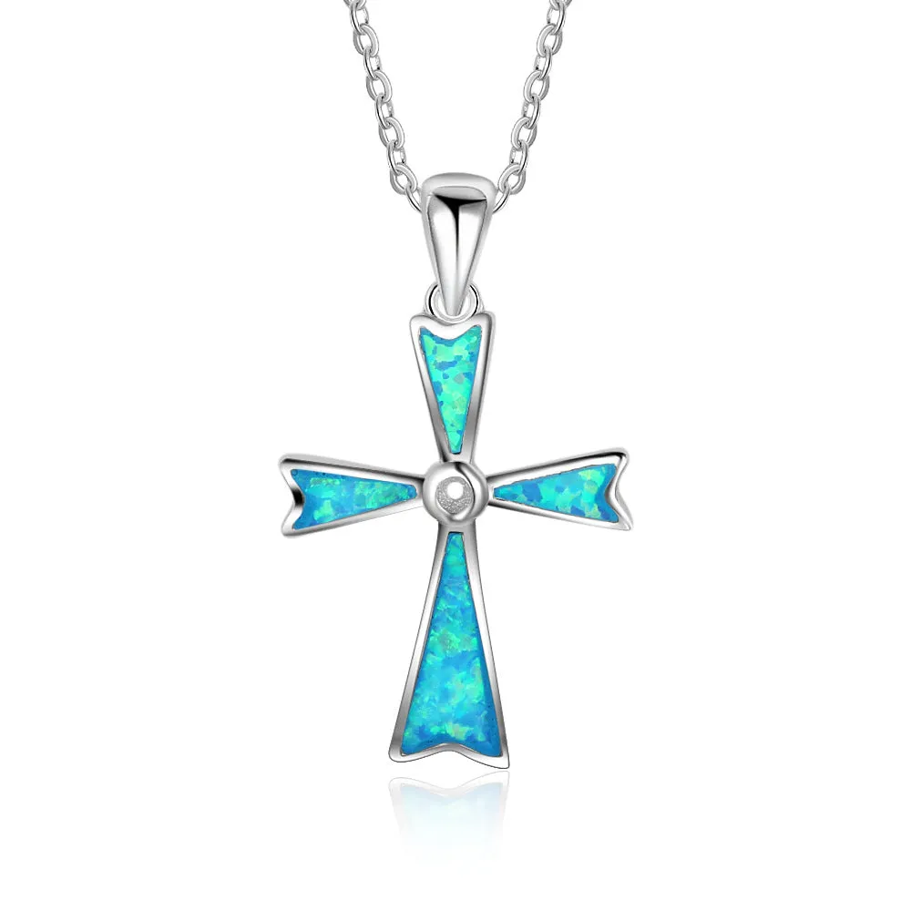 Blue Opal Byzantine Cross Sterling Silver Necklace