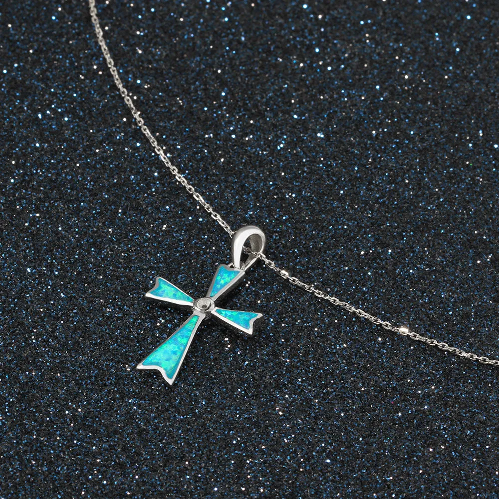 Blue Opal Byzantine Cross Sterling Silver Necklace