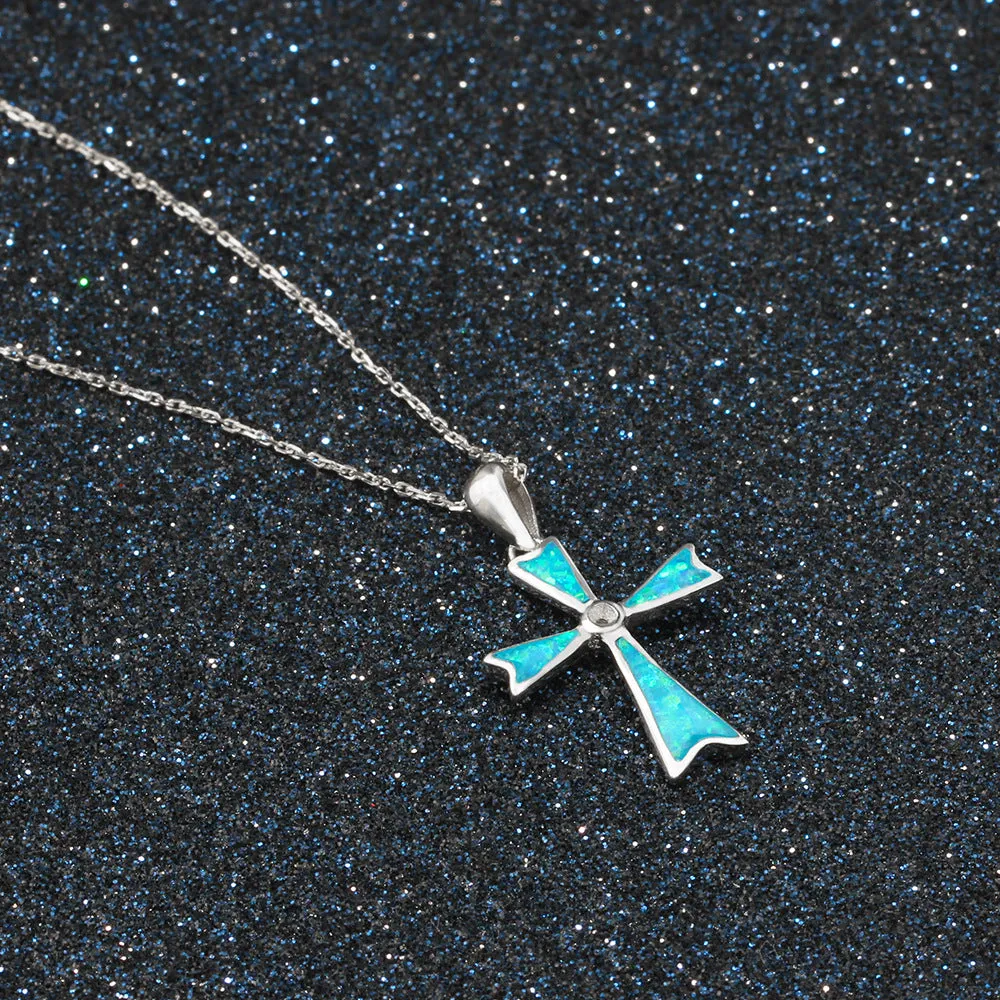 Blue Opal Byzantine Cross Sterling Silver Necklace