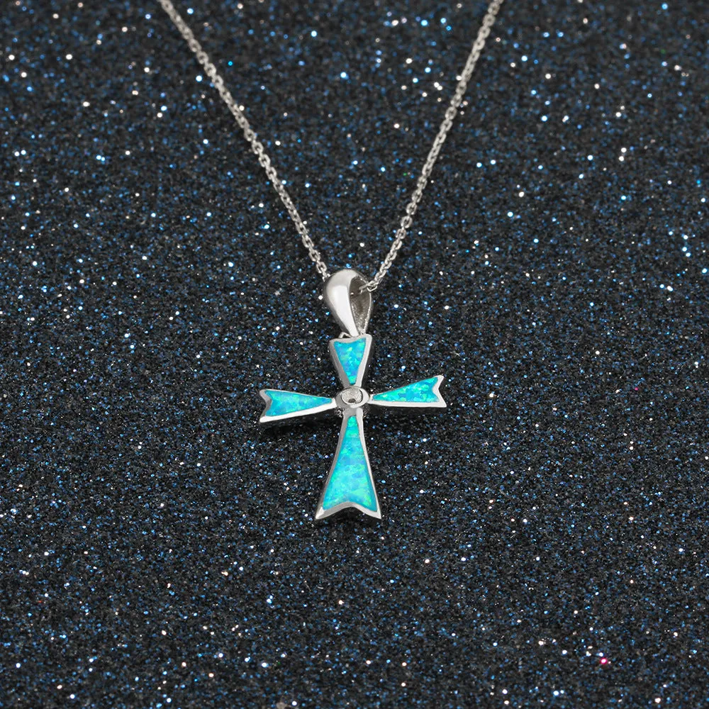 Blue Opal Byzantine Cross Sterling Silver Necklace