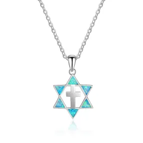 Blue Opal Hexagonal Star Cross Sterling Silver Necklace