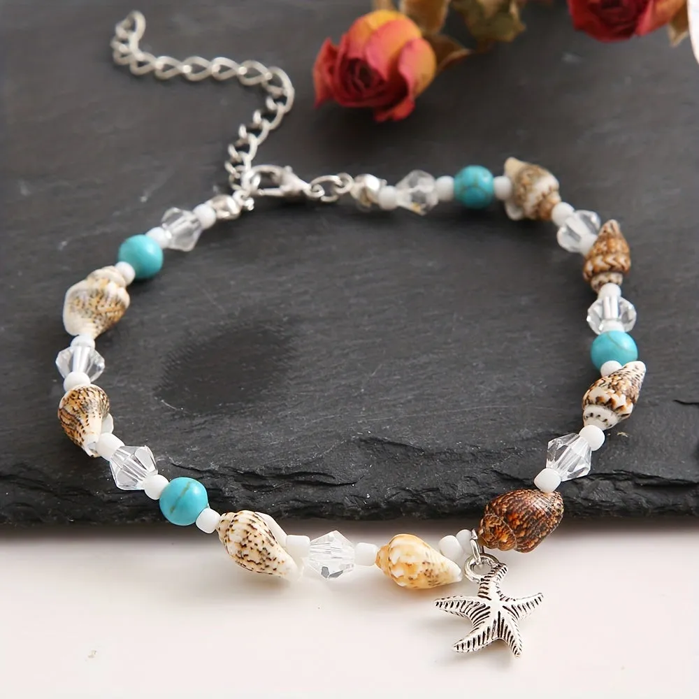 Boho Style Starfish Pendant Anklet with Conch Beads