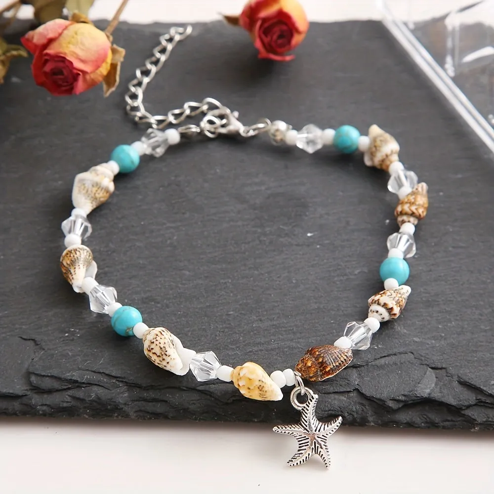 Boho Style Starfish Pendant Anklet with Conch Beads