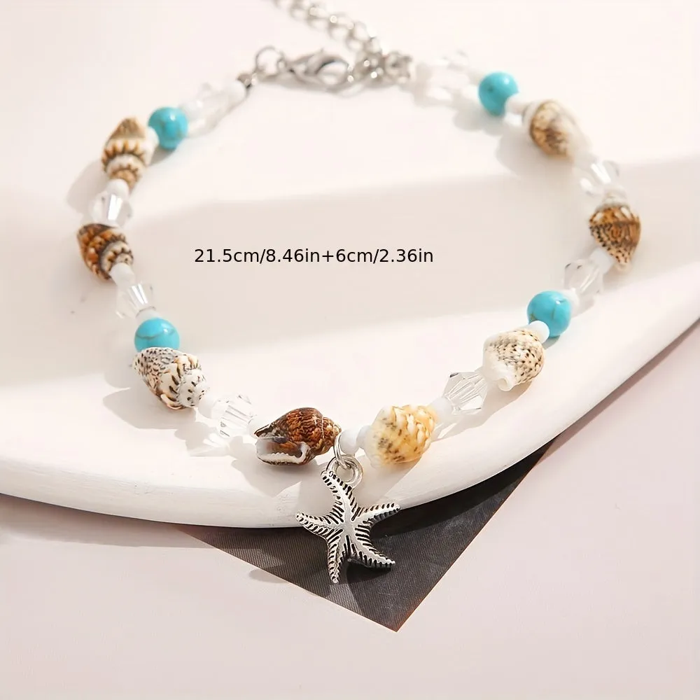 Boho Style Starfish Pendant Anklet with Conch Beads