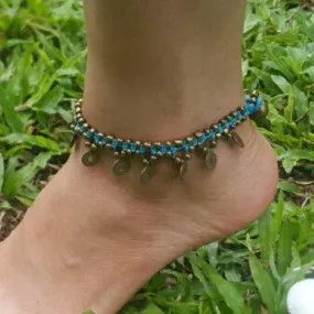 Brass Beads Anklet with Brass Coins in Turquoise