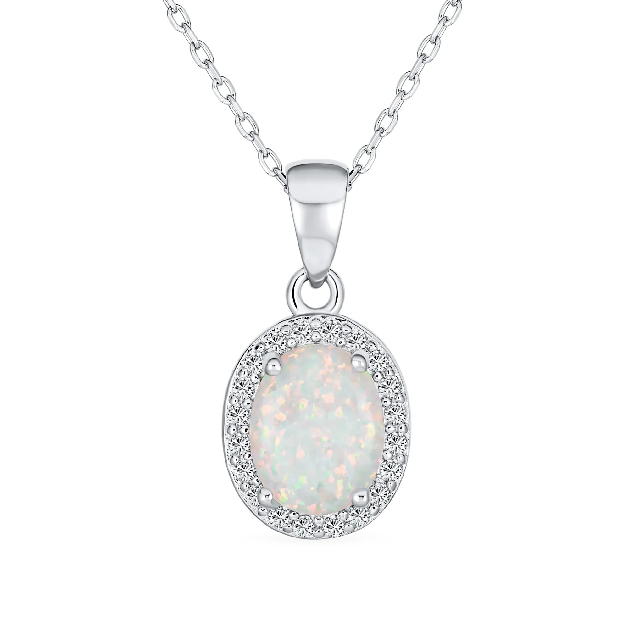 Bridal Necklace with CZ Halo Opal Pendant Sterling Silver October Birthstone