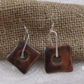 Brown Artisan Handmade Ceramic Earrings Raku Glaze