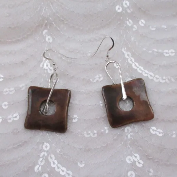 Brown Artisan Handmade Ceramic Earrings Raku Glaze