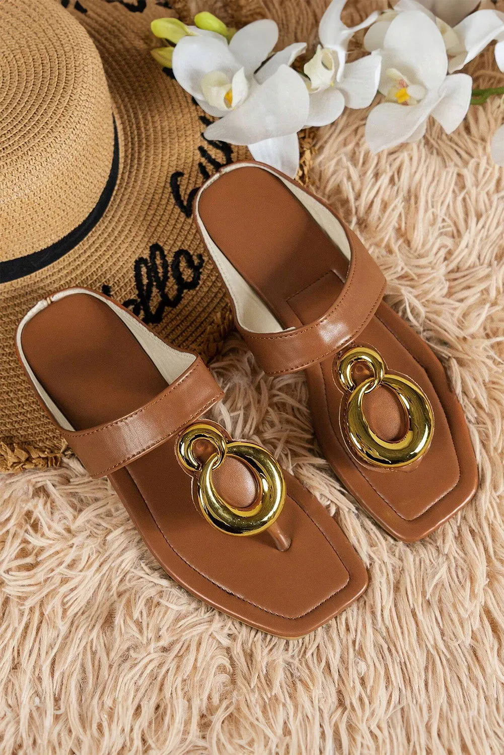 Brown Metal Rings Decor Square Toe Flat Slides Shoes